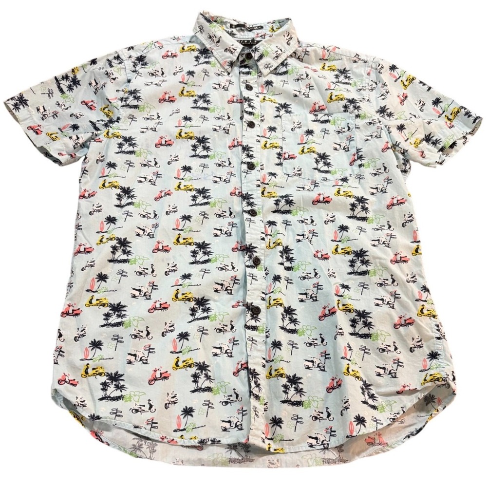 21 Men An American Brand Light Blue Scooter Palm Tree Print Button Down Shirt L